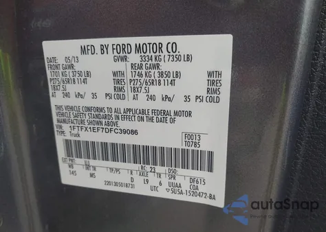 2013 Ford F-150 Xlt from USA, damaged, VIN 1FTFX1EF7DFC39086